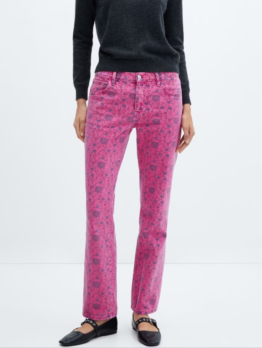 Mango Pink Floral Straight-Leg Jeans